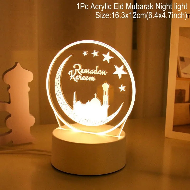 مصباح LED ثلاثي الأبعاد عيد مبارك - إضاءة ليلية رمضان - مصباح LED بتصميم الهلال والنجوم - زينة لغرفة النوم - ديكور رمضان للمنزل 2025