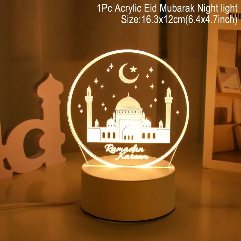 مصباح LED ثلاثي الأبعاد عيد مبارك - إضاءة ليلية رمضان - مصباح LED بتصميم الهلال والنجوم - زينة لغرفة النوم - ديكور رمضان للمنزل 2025